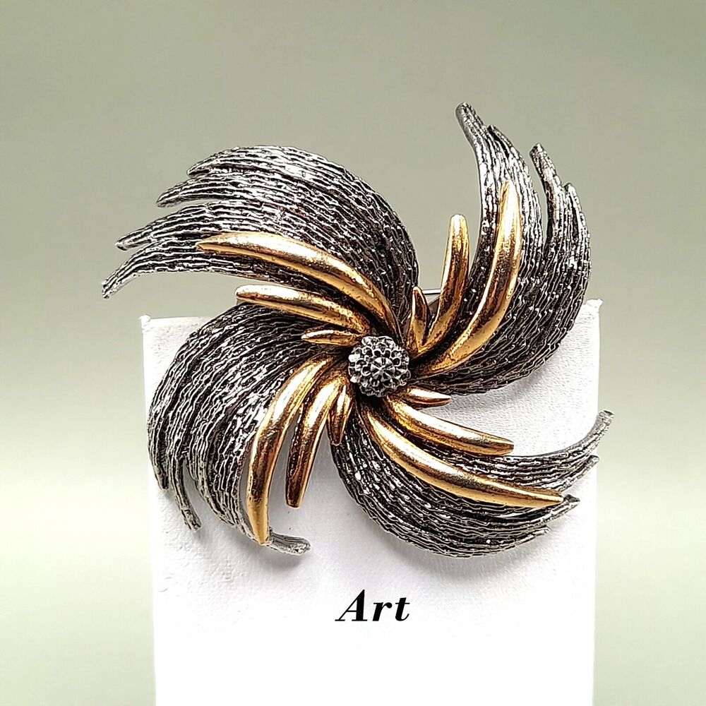 Vintage Leaf Flower Brooch Gold Silver Tone Signed ART Elegant Statement, 2 1/2"